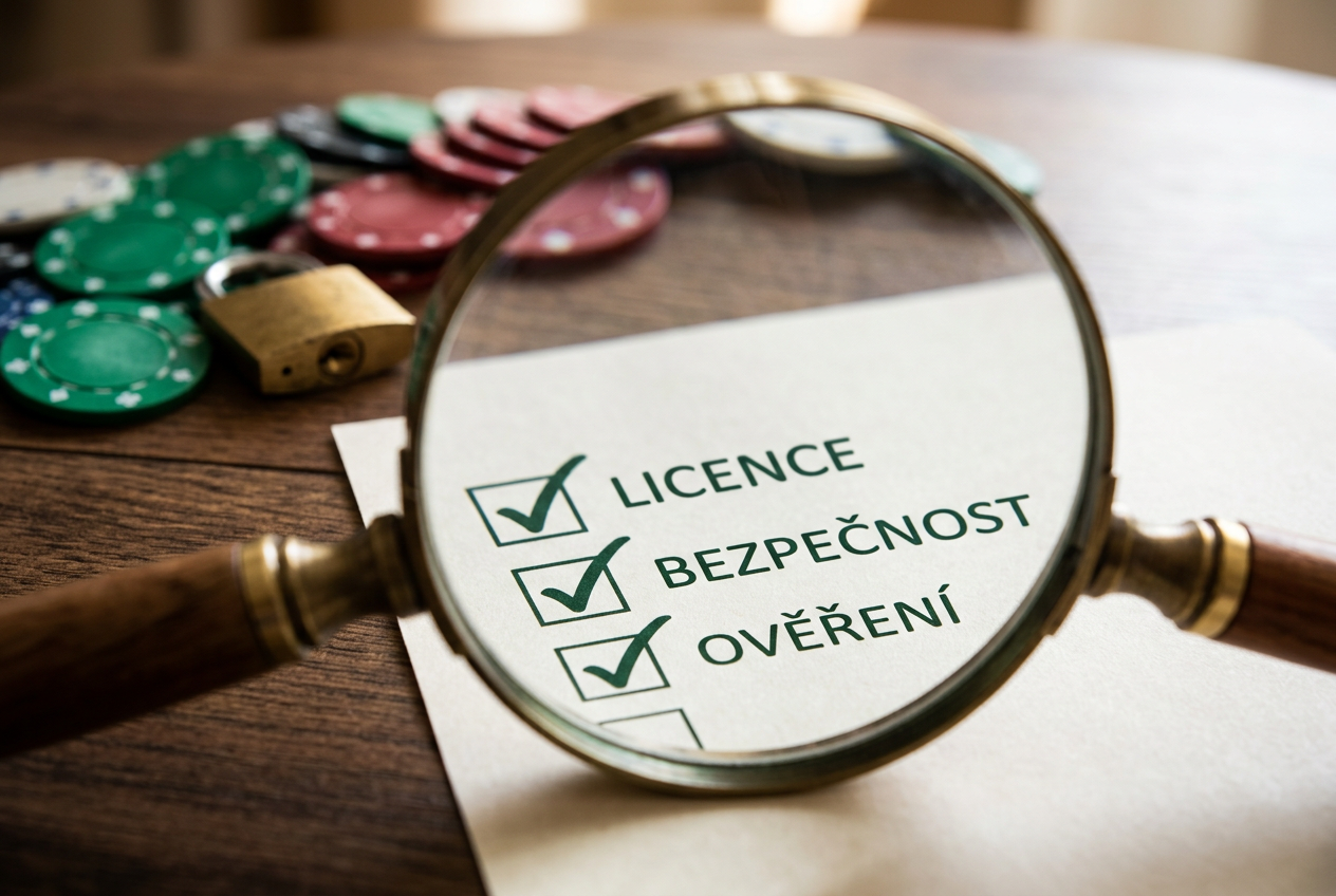 Ilustrace znázorňující checklist bezpečnosti s lupou a symbolem zámku na pozadí kasinových žetonů